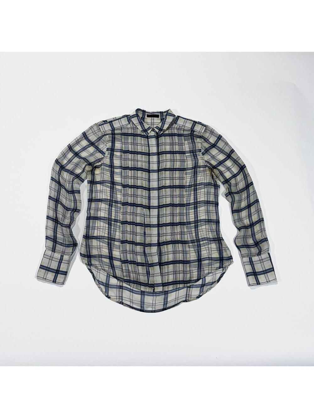 Plaid Blouse Silk ATM Luxury Sheer Blue Pleated